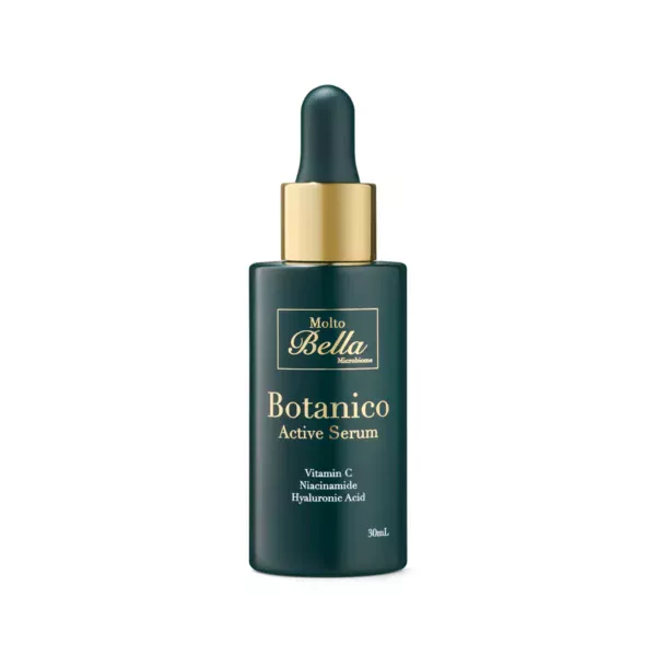 Close-up of Molto Bella serum bottle showcasing luxury skincare.