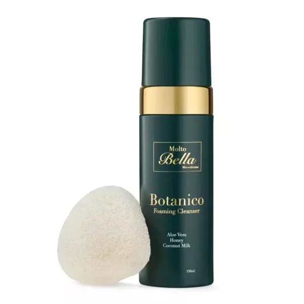 Close-up of Molto Bella cleanser bottle showcasing luxury skincare.
